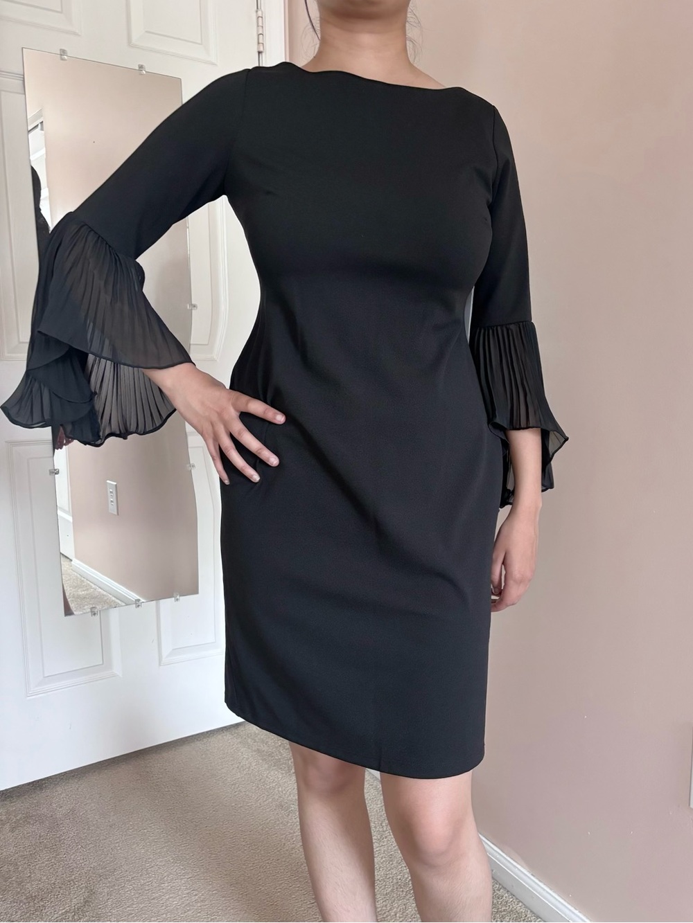 Shelby & Palmer Black Ruffled Bell Sleeve Sheath Dress